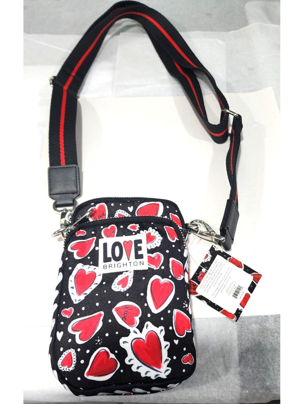 Brighton Red Hearts A Flutter Black Utility Bag Crossbody Purse NWTS